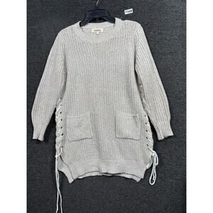 Listicle Knit Sweater Dress Womens S Gray Oatmeal Neck Tie Sides Front Pocket